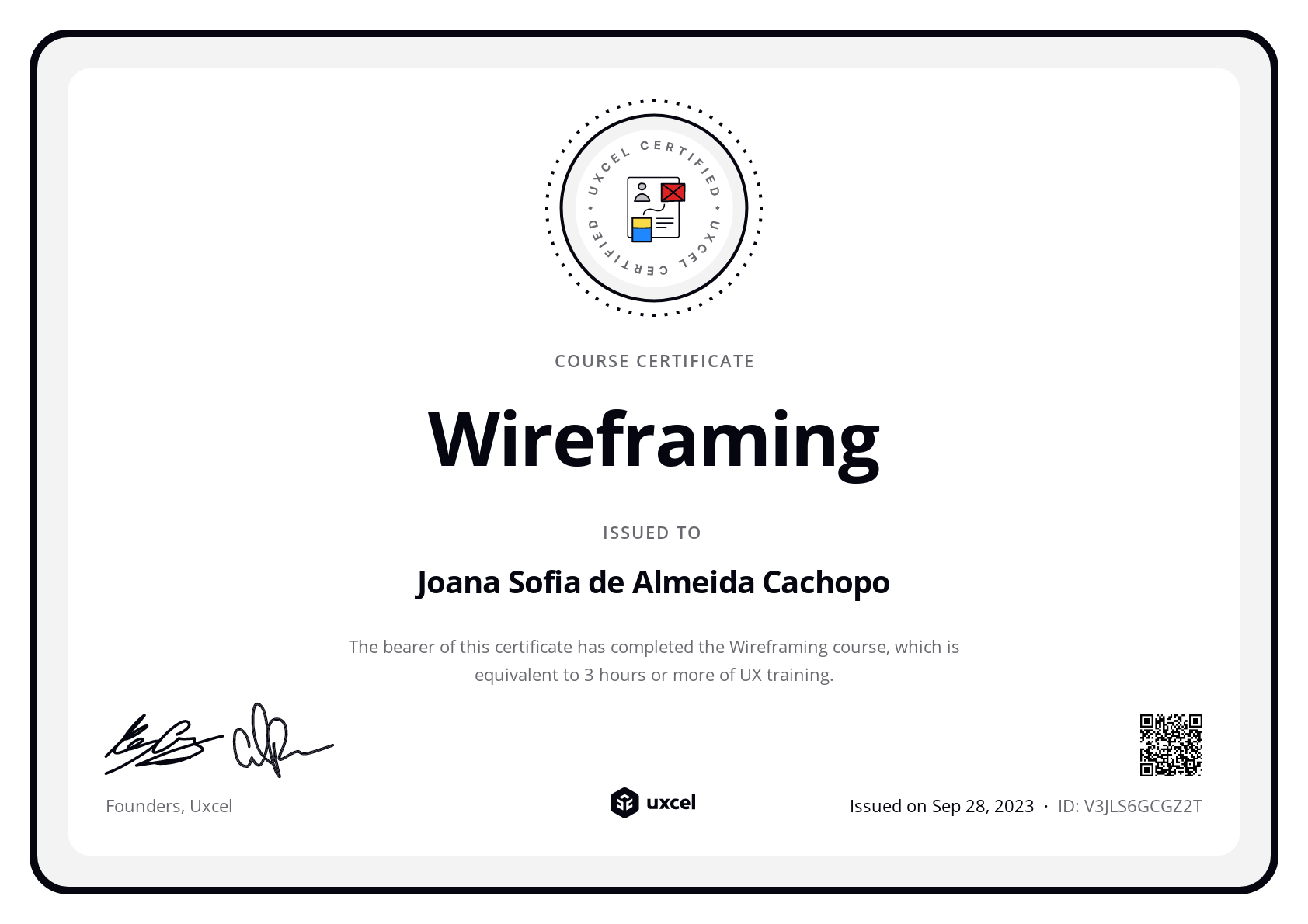 Joana Sofia de Almeida Cachopo's certificate
